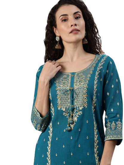 ishin Women's Pure Cotton A-Line Embroidered Sequinned Colourblocked print Blue Kurta suit set with Sharara