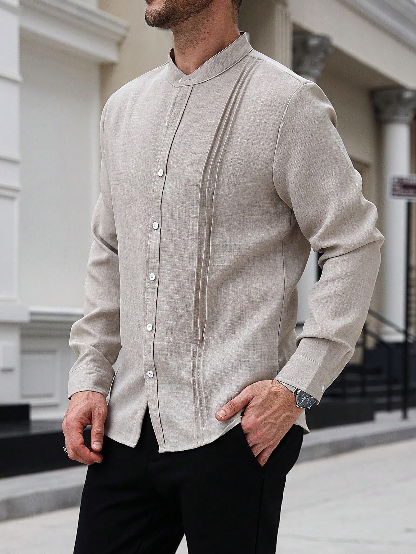 AVANOVA Mens Solid Urban Plain Beige Color Button-Down Long Sleeve Single-Breasted Stand Collar Slim Fit Business Casual Shirt,
