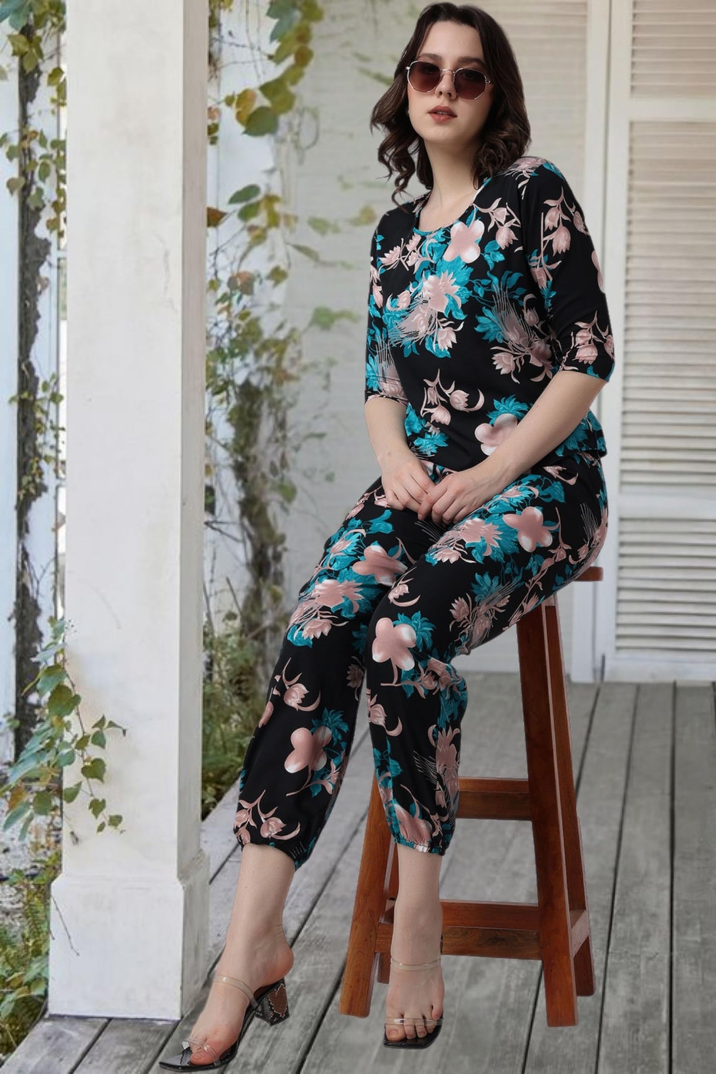 POPWINGS Casual Printed Top and Joggers Set for Women || Stylish Summer Co-Ords Set for Women || Round-Neck Top and Joggers Comb