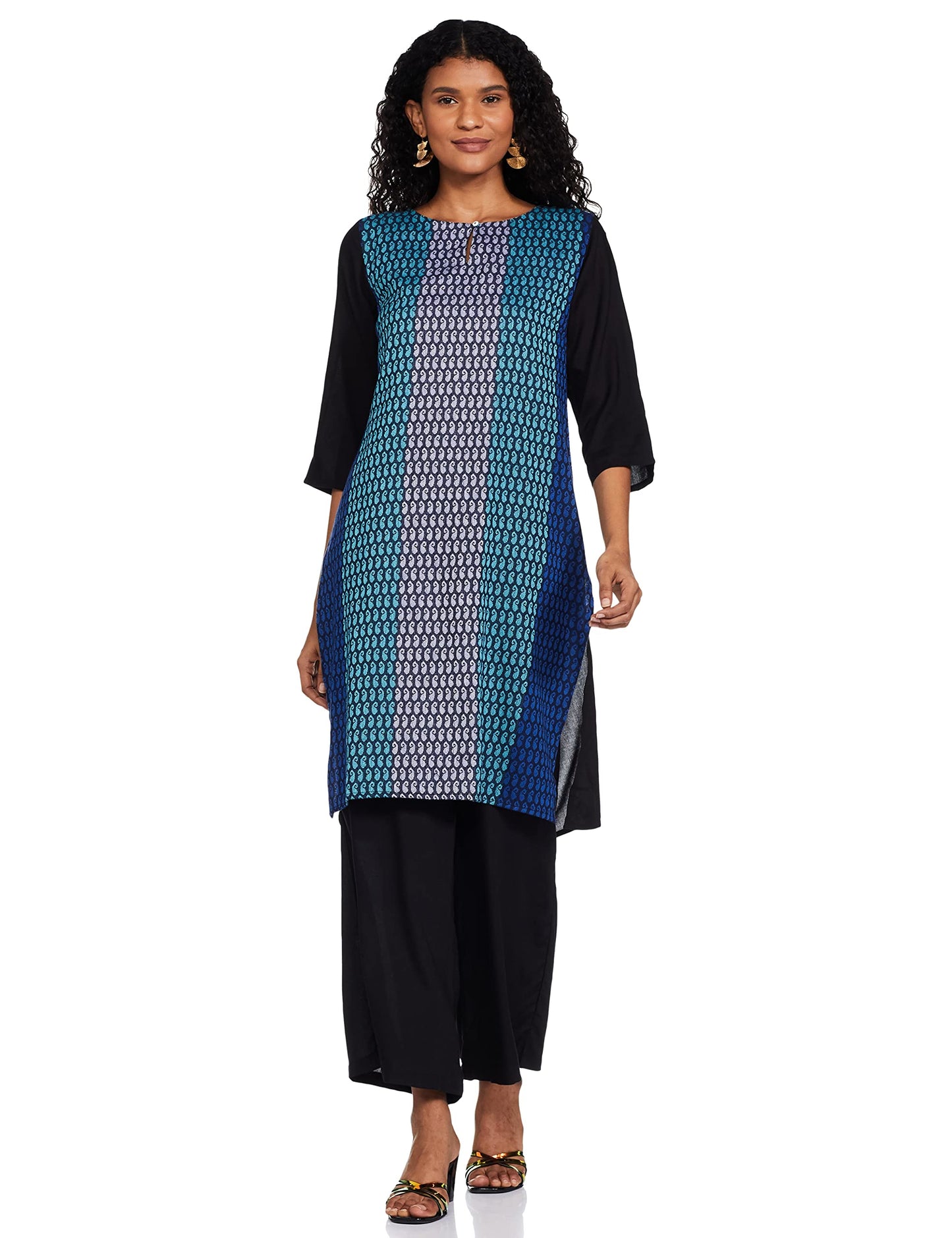 W for Woman Women's Round Neck Kurta-Yarn Dyed 38 L 3/4 SLV with Parallel Pant