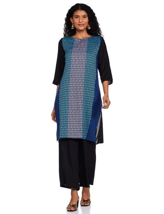W for Woman Women's Round Neck Kurta-Yarn Dyed 38 L 3/4 SLV with Parallel Pant