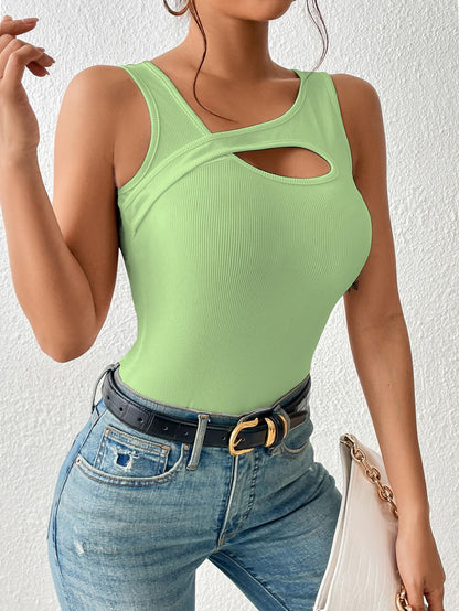 Sugathari Womens Green Cut Out Asymmetrical Neck Rib Knit Jeans Korean Trendy Tank Western Tops for Women Stylish (T-Shirt 182