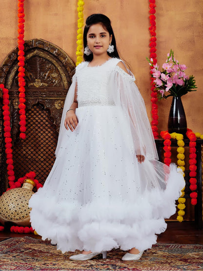 Aarika Girls White Colour Emballished Net Gown (4-11 Years)