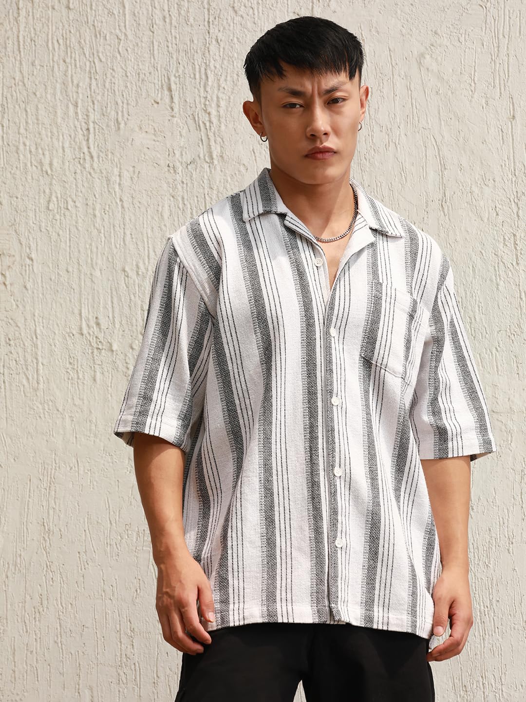 Hubberholme Multi Cotton Spread Collar Short Sleeves Striped Oversized Shirts