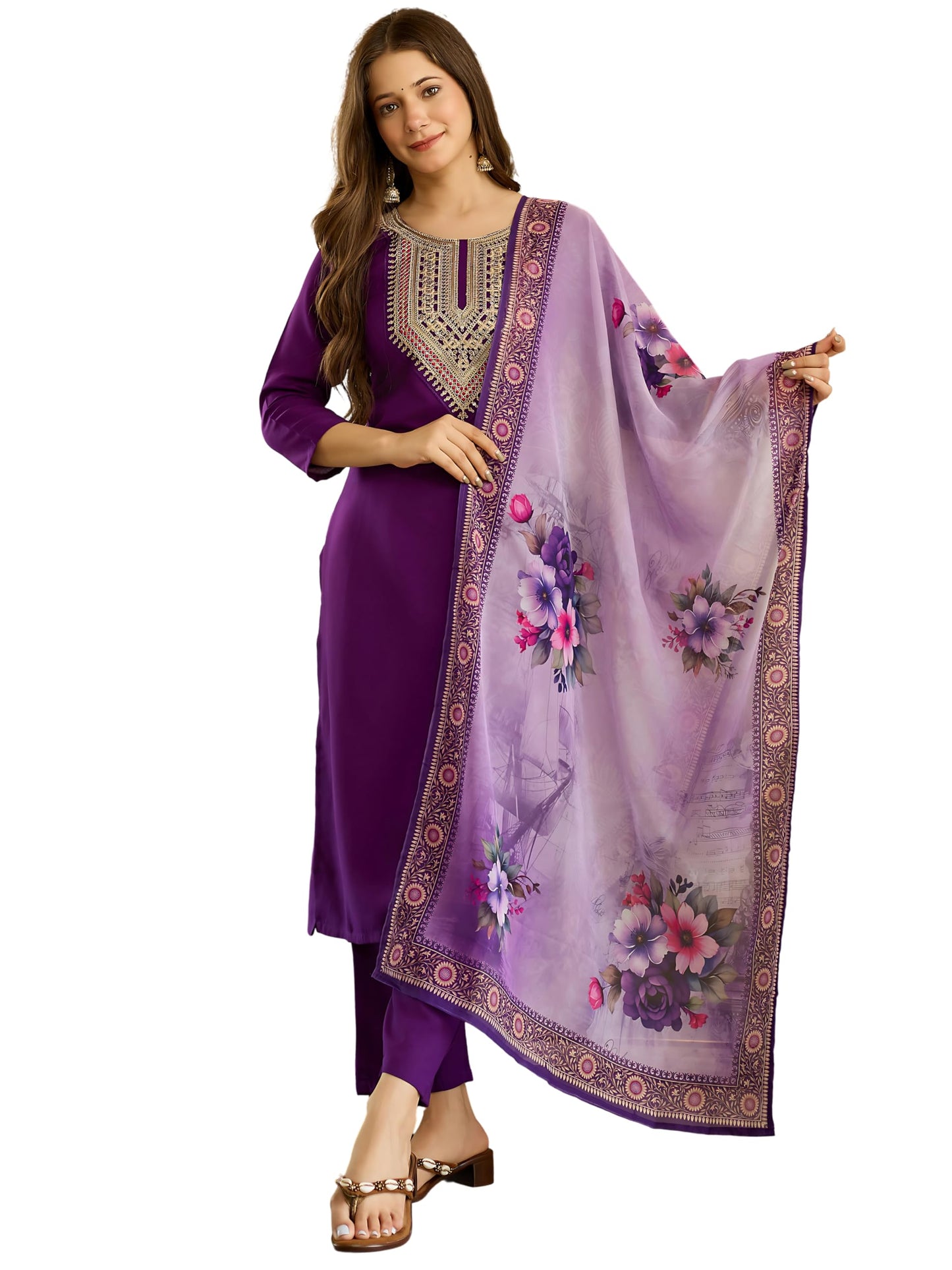 Naixa WomenS Rayon Embroidered Straight Kurta Pant Dupatta Set  Ethnic Wear, 3-Piece Set For Wedding And Festival (Nx2-706-Purp