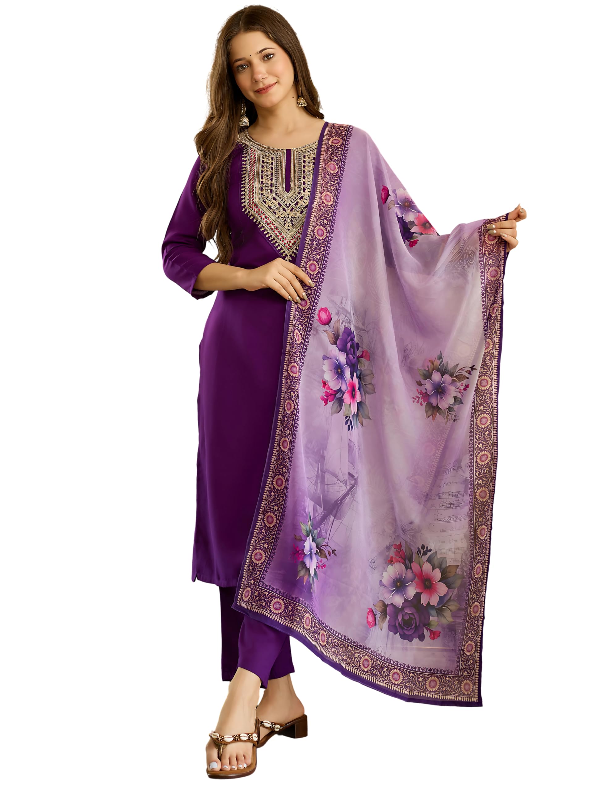 Naixa WomenS Rayon Embroidered Straight Kurta Pant Dupatta Set  Ethnic Wear, 3-Piece Set For Wedding And Festival (Nx2-706-Purp