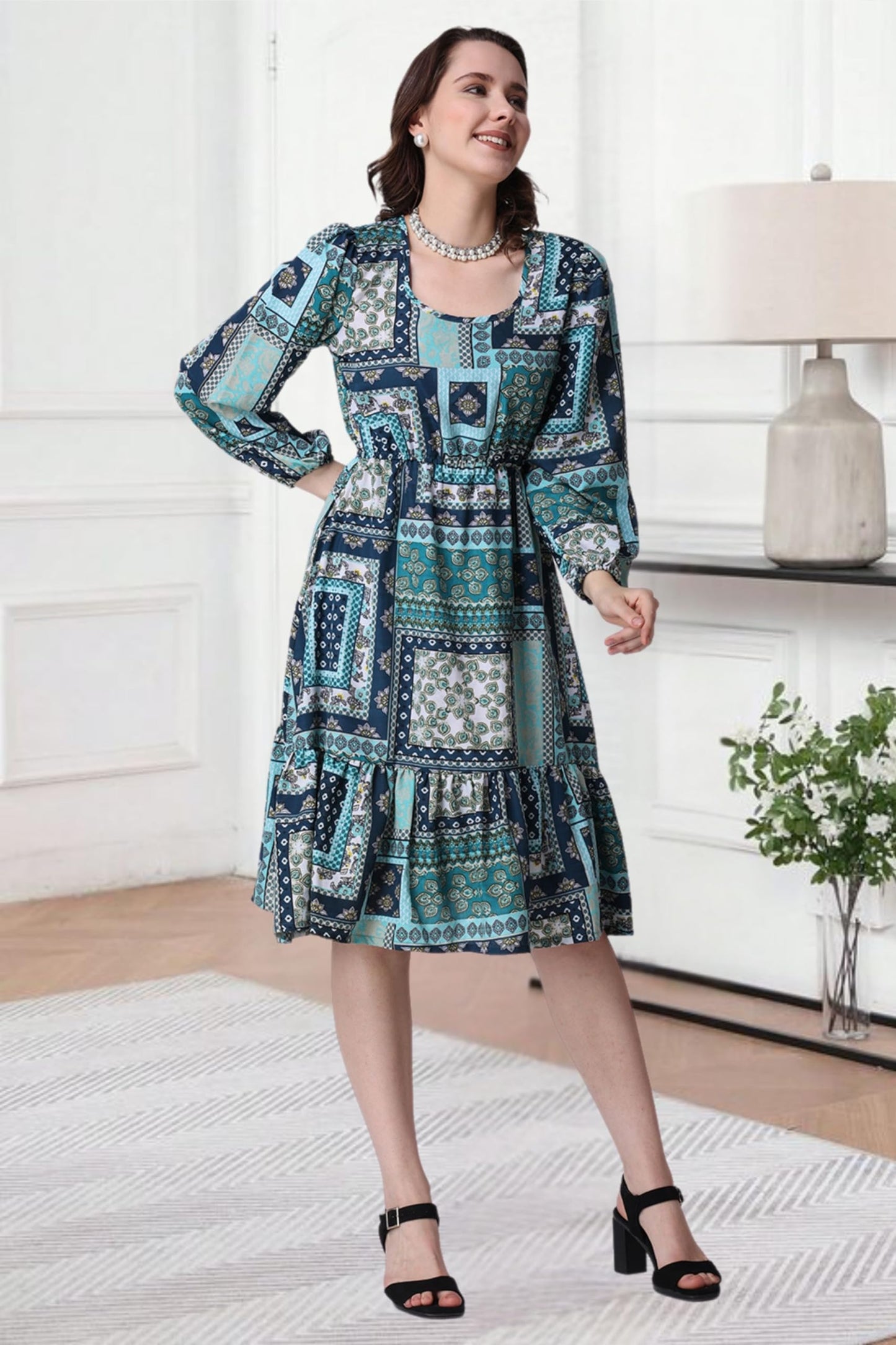 Popwings Women Casual Boho Printed Green Peplum Dress