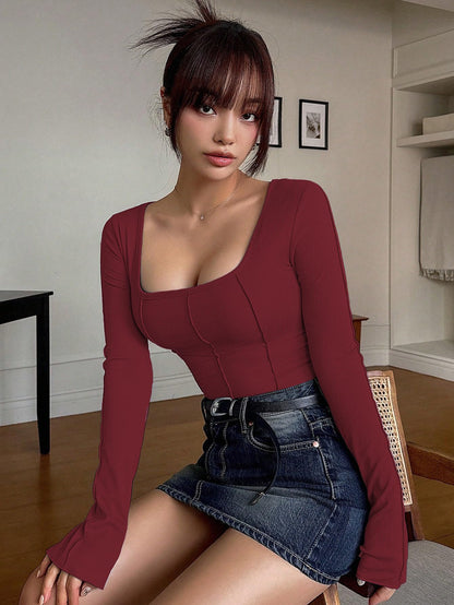 Sugathari Womens Maroon Solid Long Sleeve Wrap-Style Square Split Crew Neck Bodycon Women T-Shirt Spring and Summer, Minimalist