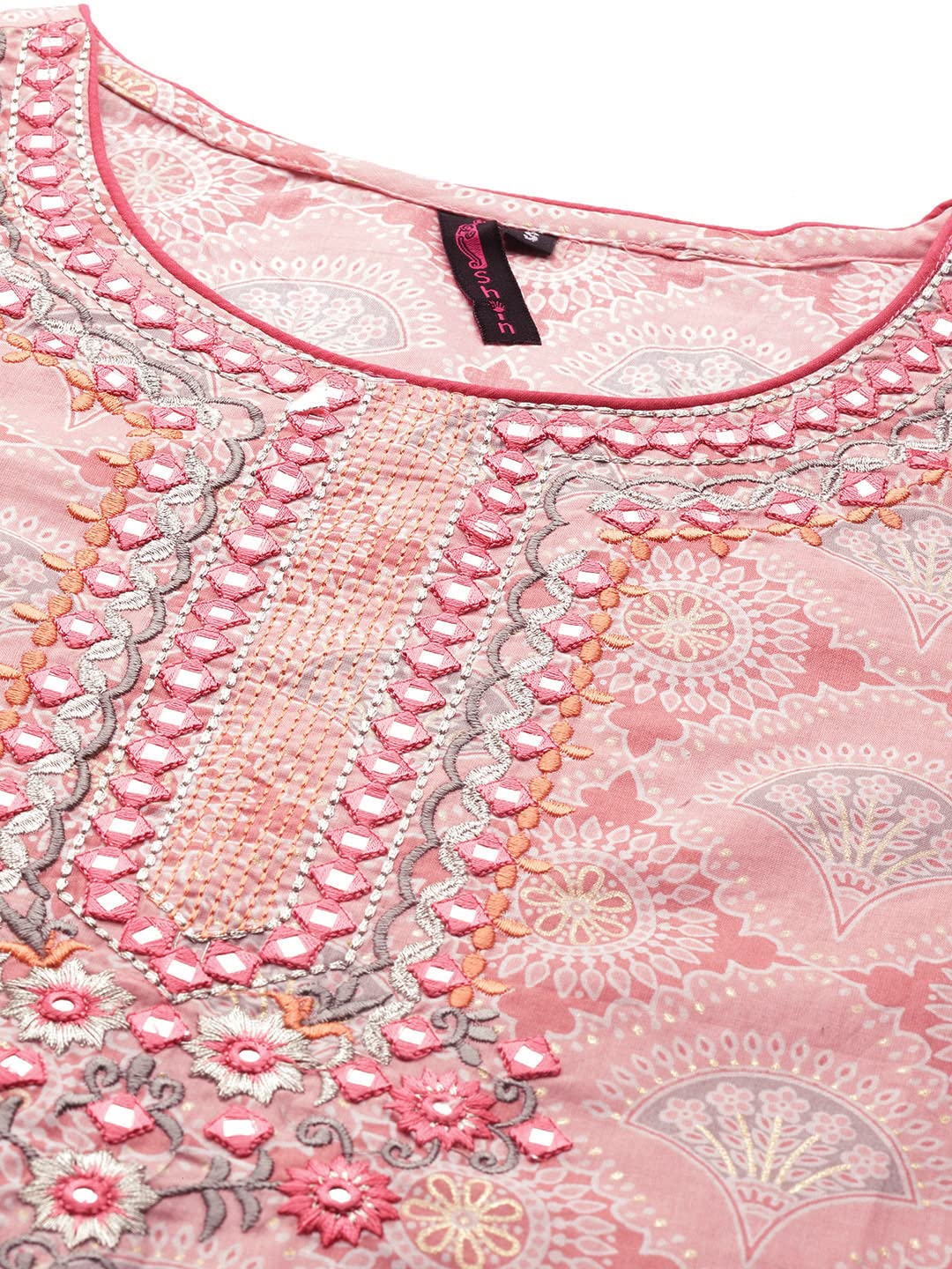 ishin Women's Cotton Pink Embroidered A-Line Kurta set with Trouser & Dupatta