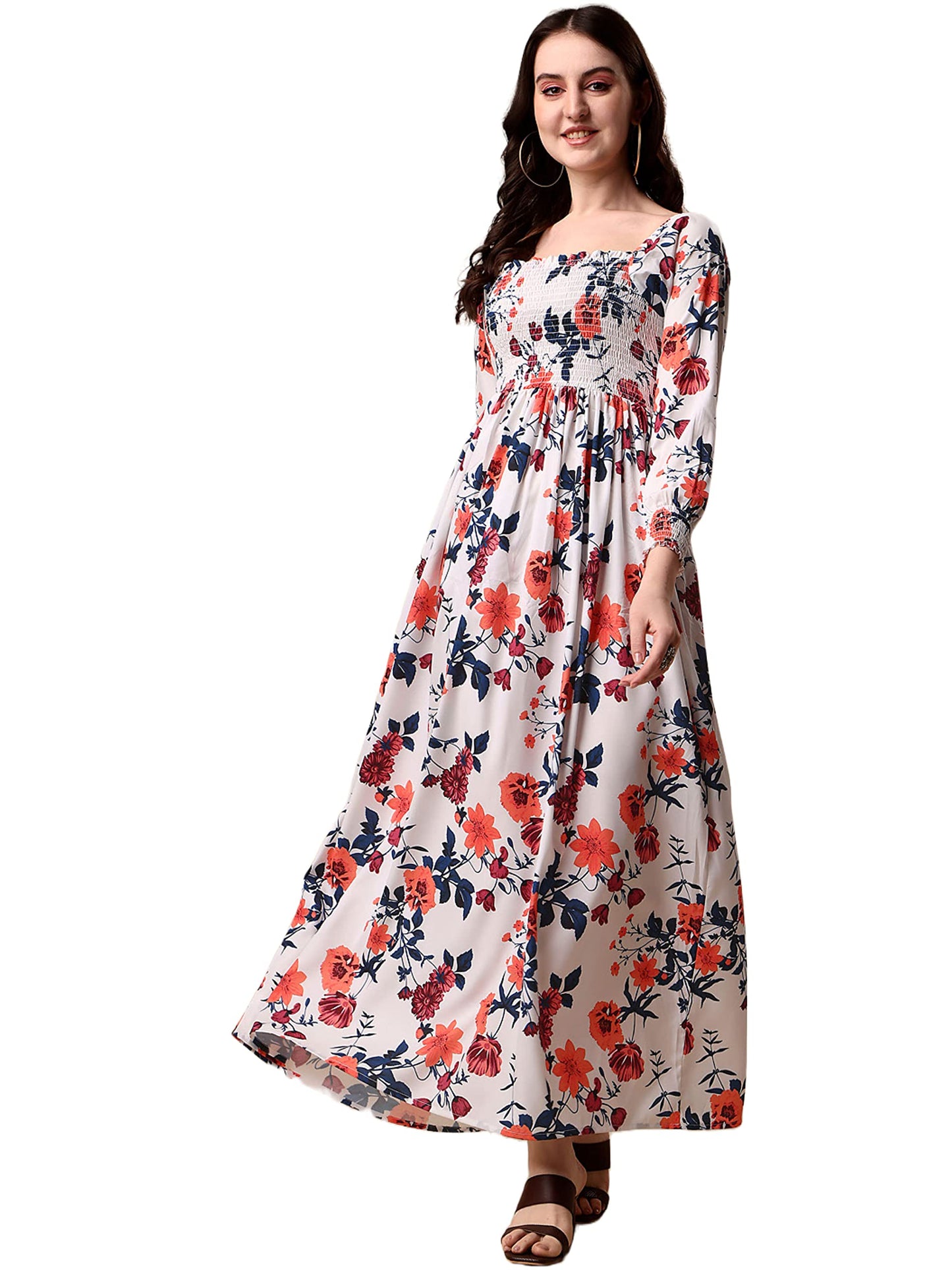 Sheetal Associates WomenS Floral Printed Crepe Full Length Dress White