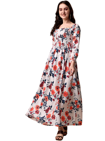 Sheetal Associates WomenS Floral Printed Crepe Full Length Dress White