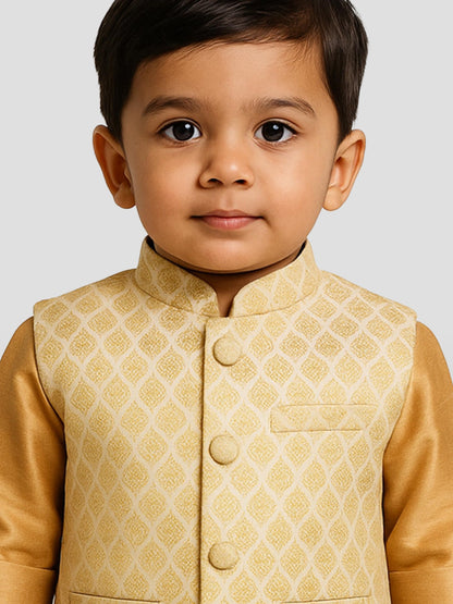 Vastramay Banarasi Brocade Woven Jacquard Nehru/Modi Jacket For Boys  Cream Ethnic Waistcoat For Weddings & Festivals