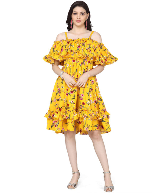 Oomph! WomenS Western & Fusion Wear Crepe Pleated Knee-Long Dress - Tuscansun Yellow
