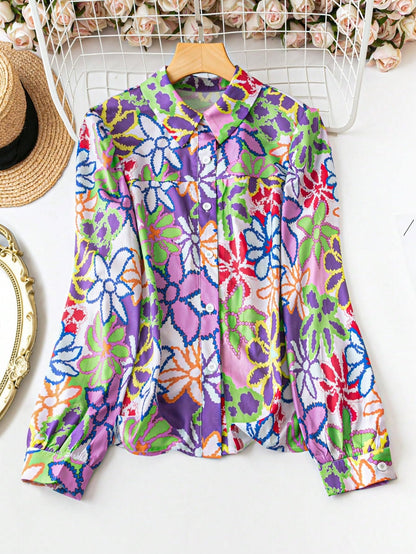 Shasmi Girls & Womens Solid Purple Colorful Casual Fit Lapel Cardigan Shirt Colorful Flower Printed Long Sleeve Shawl Collared
