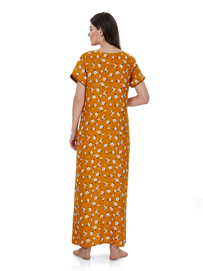 Evolove WomenS Viscose Liva Long Maxi Night Gown Nighty Dress With Pocket & Zipper, Super Soft Comfortable (Mustard & White Flo