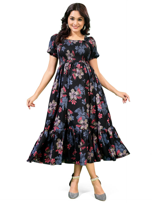 Kuduzo WomenS Cotton Blend Ruffle Midi Dress With Floral Print Short Sleeves Knee Length Regular Fit And Square Neck Black