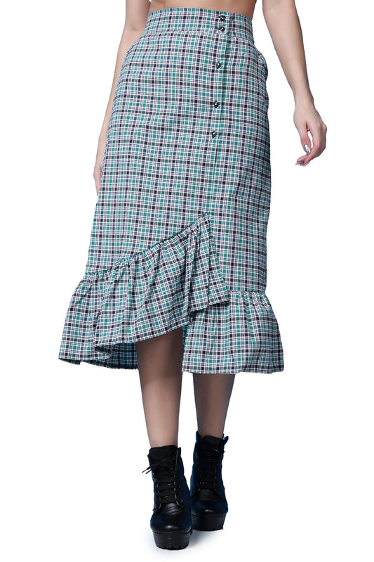 POPWINGS Casual Check Print Long Flare Skirt for Women | Cotton Skirt for Women Skirt for Women Green