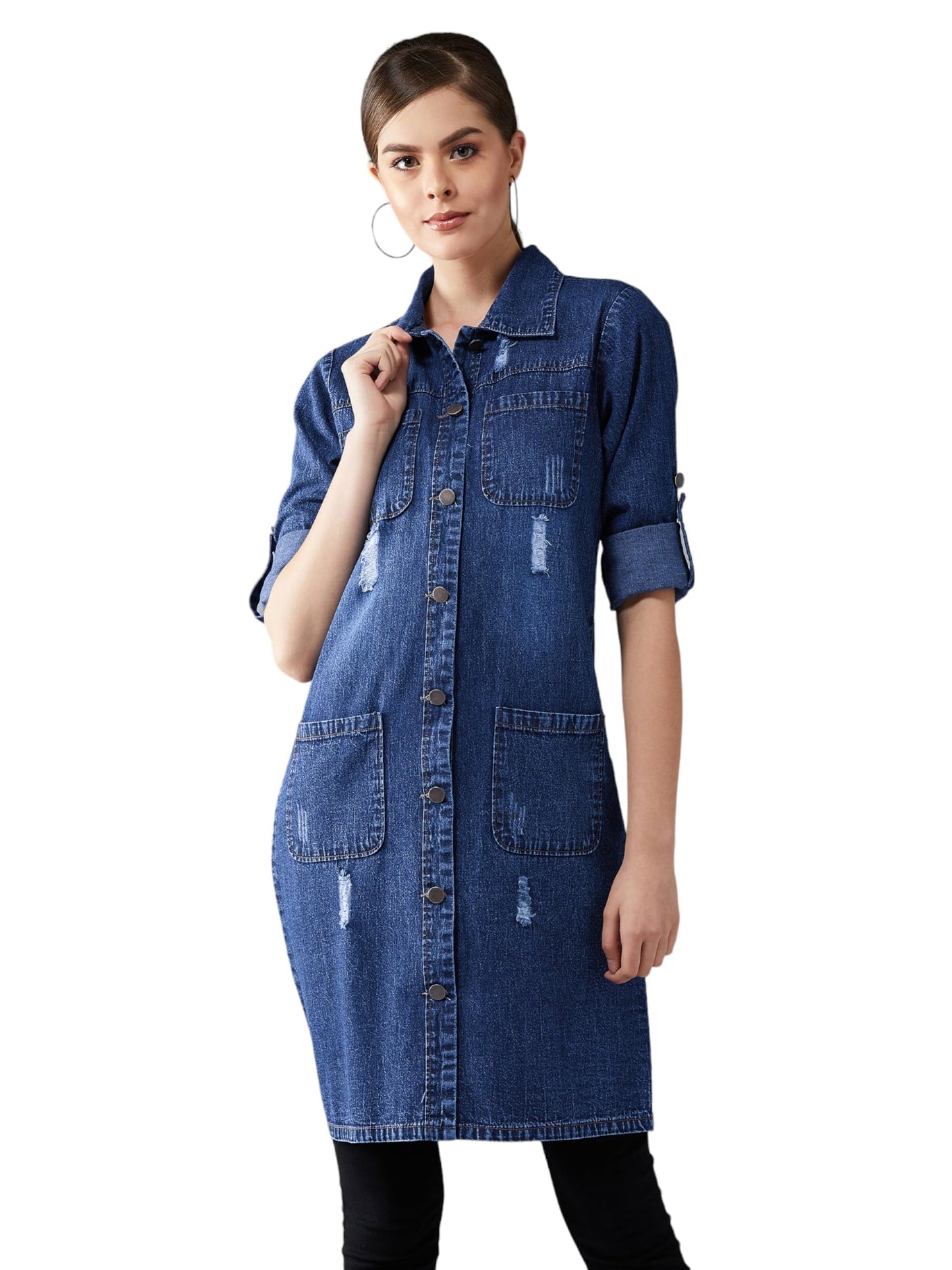 Dolce Crudo Womens Navy Blue Solid Polo Neck Full Sleeves Patch Pocket Denim Overcoat Knee-Length Jacket( DOAW19DEN05-56-71-06_