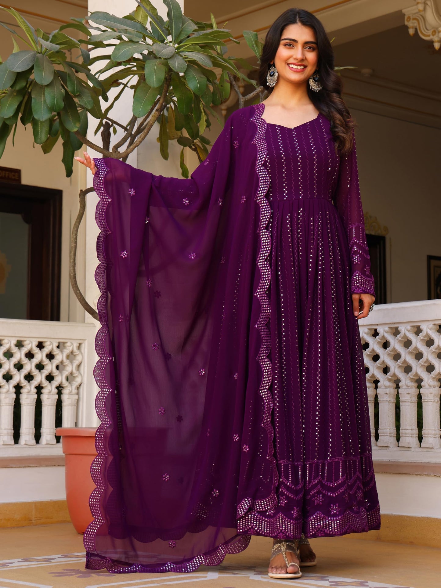 Fashion Basket Georgette Embroidered Anarkali Kurta Set For Women Purple