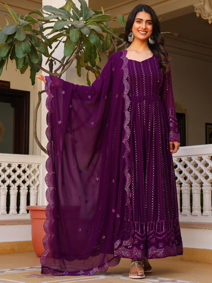 Fashion Basket Georgette Embroidered Anarkali Kurta Set For Women Purple