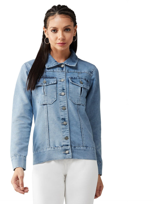 Dolce Crudo WomenS Light Blue Collared Full Sleeves Solid Buttoned Denim Jacket (Doaw18Den05-11-158-05, Light Blue, L)