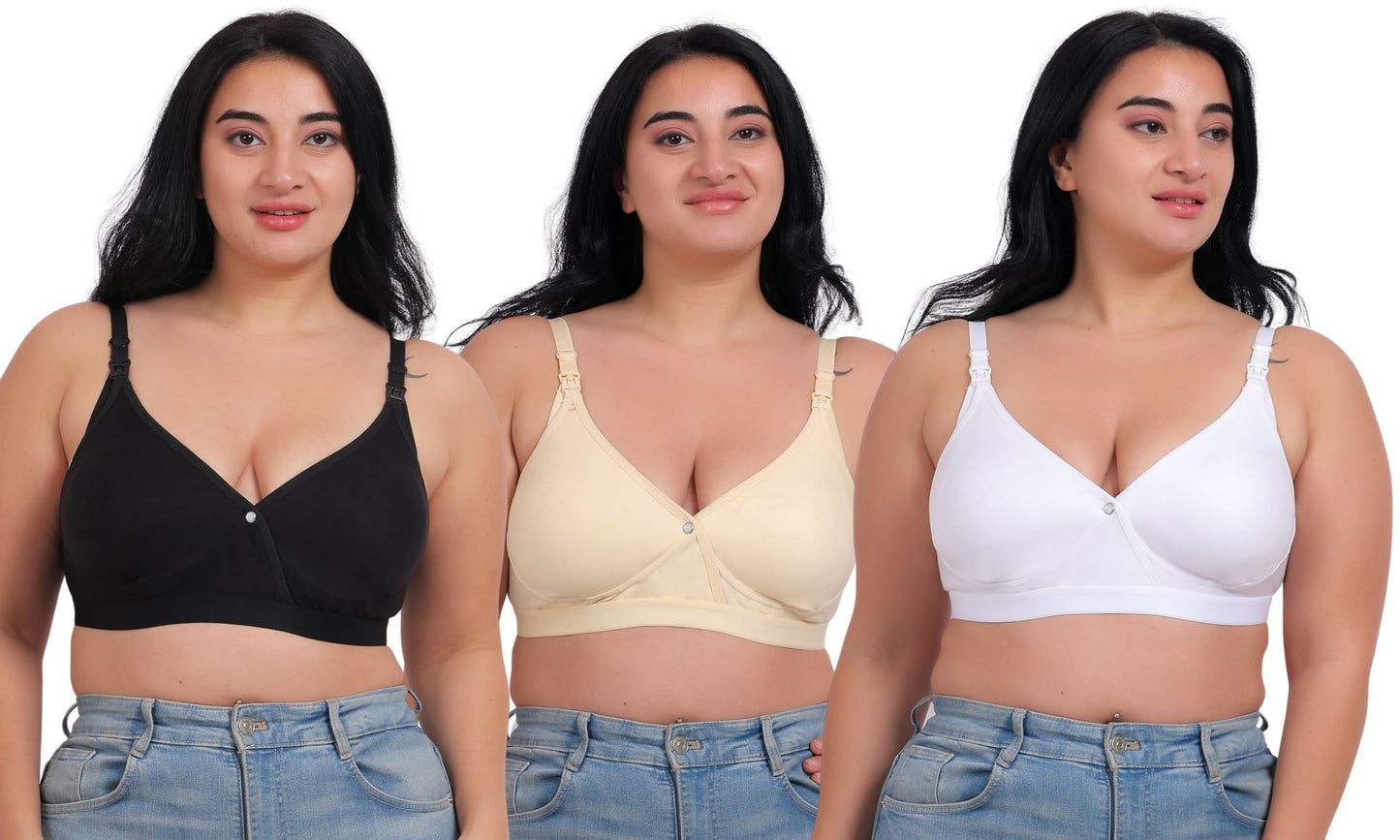 Fabme WomenS Cotton Wire Free Casual Nursing Bra (Pack Of 3) (Po3-Br_243_Skin, White, Black