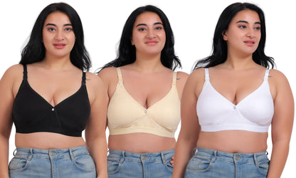 Fabme WomenS Cotton Wire Free Casual Nursing Bra (Pack Of 3) (Po3-Br_243_Skin, White, Black