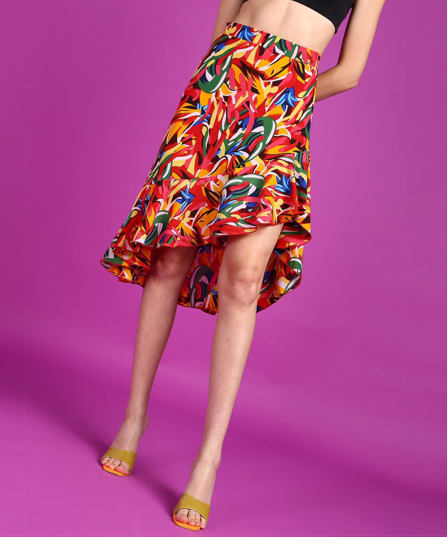 POPWINGS Casual Floral Printed Asymmetric Flare Skirt for Women || Latest Stylish Knee-Length Flare Women Skirt Trendy Western R