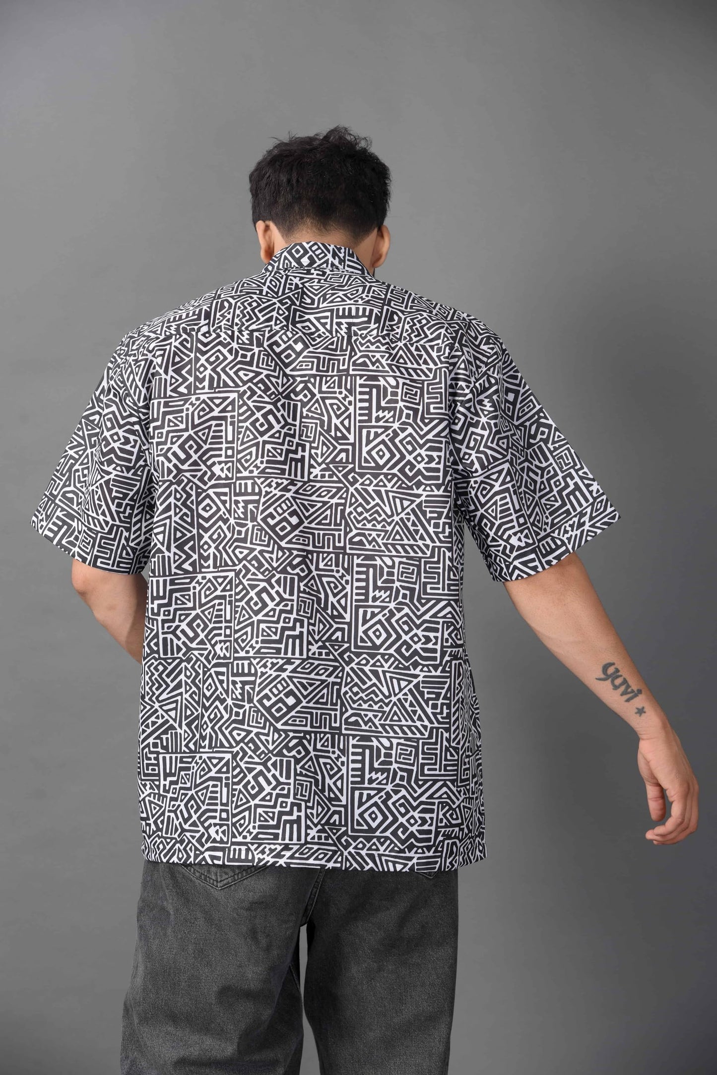Brown Culture MenS Cotton Blend Geometric Print Shirt With Spread Collared Half Sleeves Standard Length And Button Down Closure