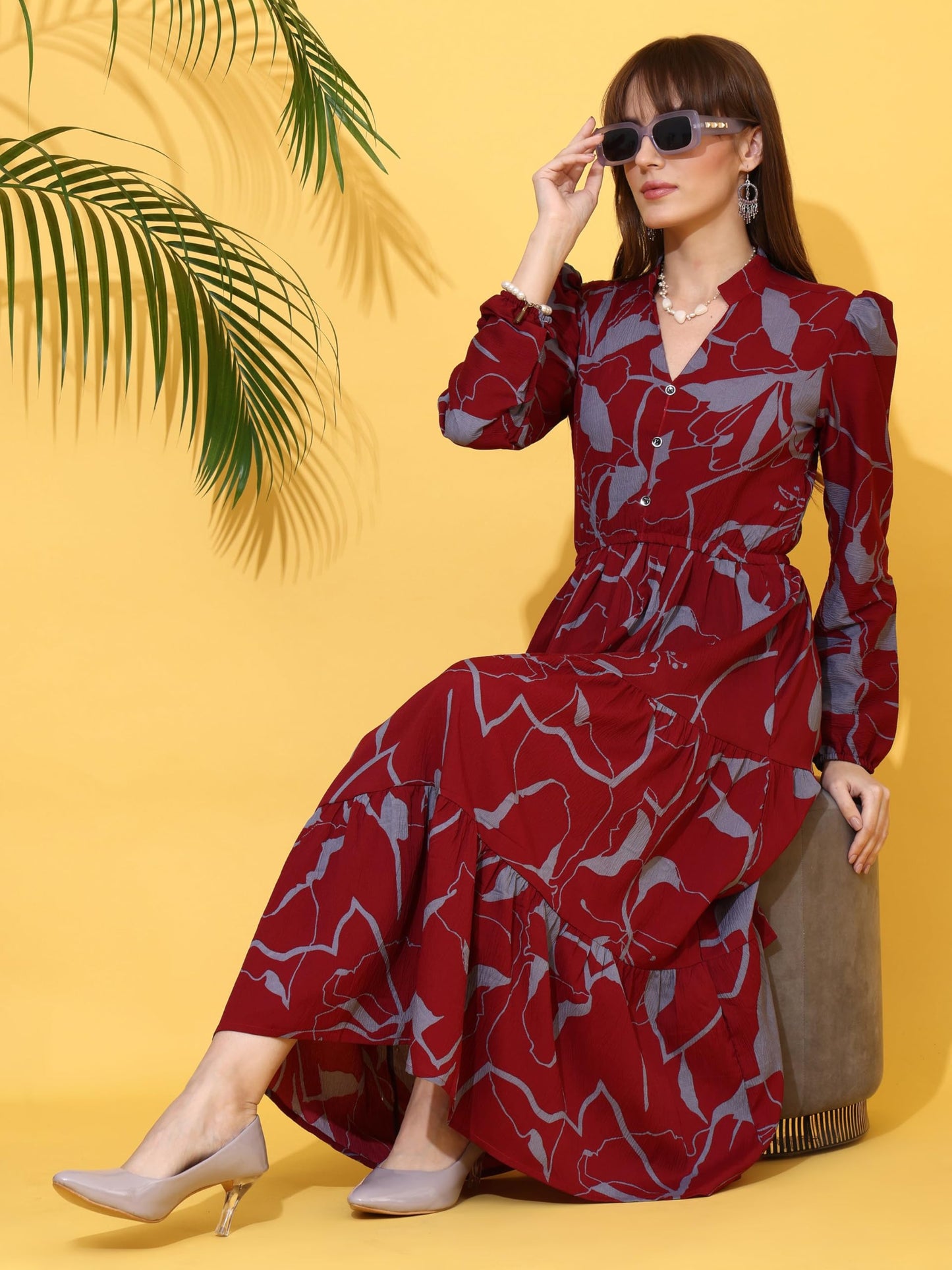 Sheetal Associates WomenS Casual Full Sleeve Crepe Fit & Flare Dress | Comfortable Relaxed Fit Summer Party Dress Maroon