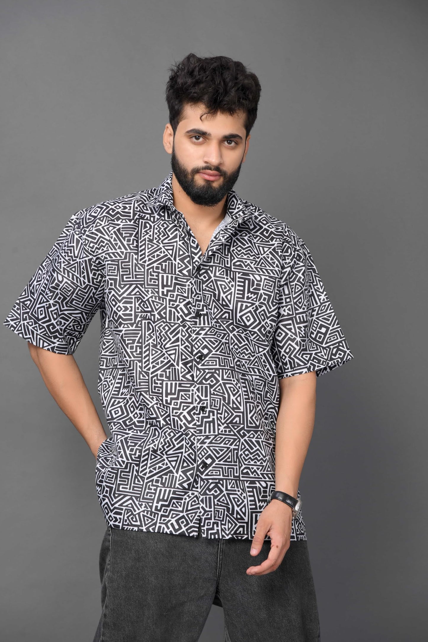 Brown Culture MenS Cotton Blend Geometric Print Shirt With Spread Collared Half Sleeves Standard Length And Button Down Closure