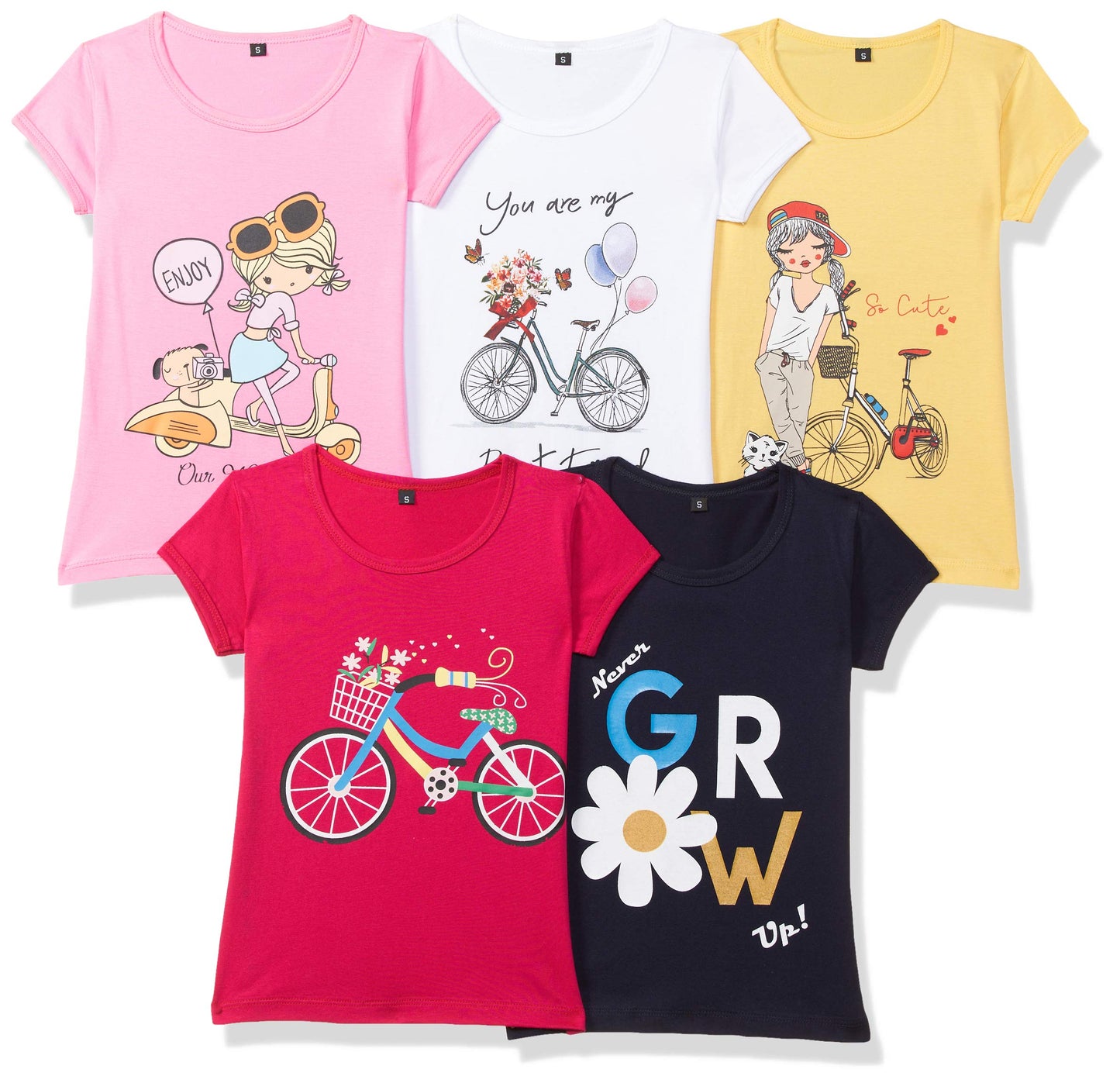 T2F Girls Cotton Regular Fit T-Shirt(Pack of 5)