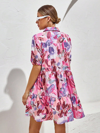 Shasmi WomenS Purple Flower Print Short Sleeve Button Front All-Over Printed Dresses, Ruffle Hem Smock Dress For Woman (161 Dre
