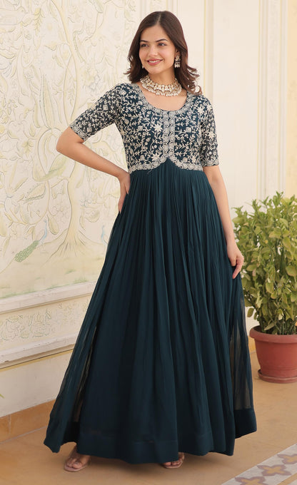Fashion Basket Georgette Embroidered Anarkali Gown For Women Turquoise