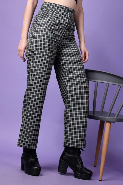 POPWINGS Casual Check Print Button and Zip Closure Trouser for Women | Western Wide-Leg Trouser for Women | Summer Trousers for