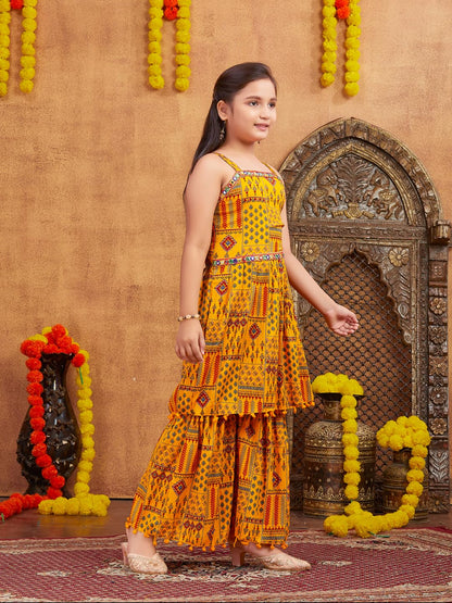 Aarika Girls Ethnic Wear Yellow Colour Printed Mirror Lace Polyester Kurti Sharara Set (10-15 Years)