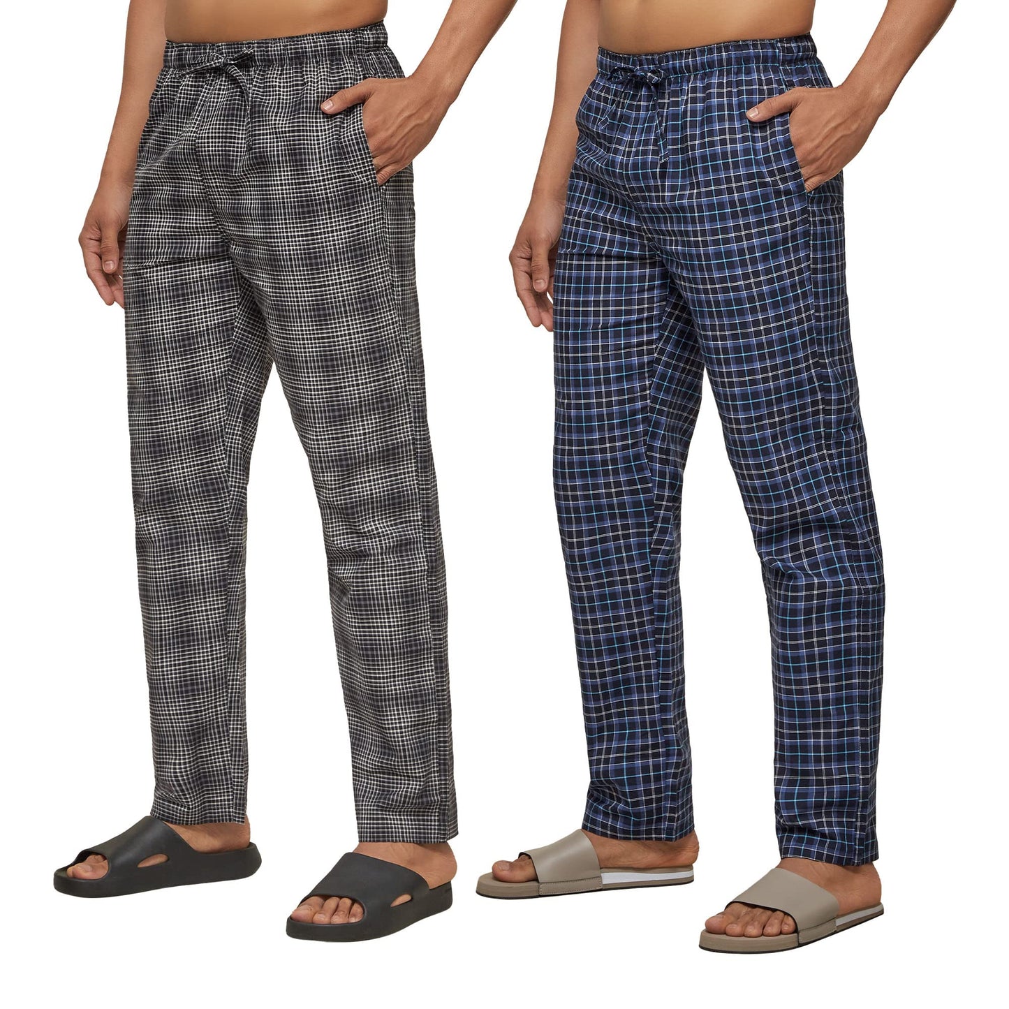 XYXX Mens Super Combed Cotton Checkered Checkmate Pyjamas [Pack of 2] Elasticated Waist, Drawstring | Loungewear for Men in Blu