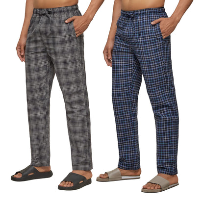 XYXX Mens Super Combed Cotton Checkered Checkmate Pyjamas [Pack of 2] Elasticated Waist, Drawstring | Loungewear for Men in Blu