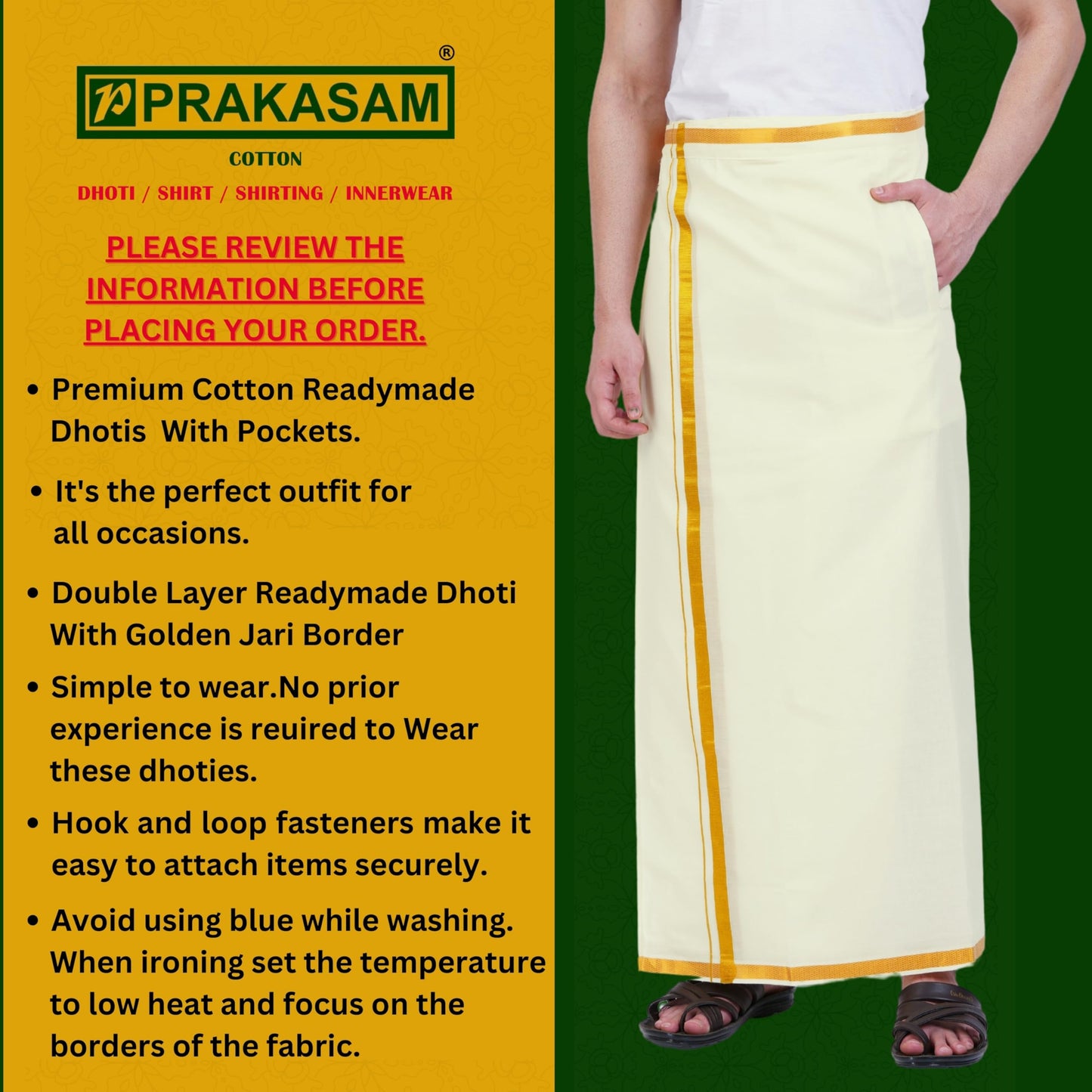 Prakasam Cotton Mens Free Size Stitched Double Layer Cream Dhoti/Mens Cotton Double Stitched Dhoti (Pack Of 1 Dhoti Only)