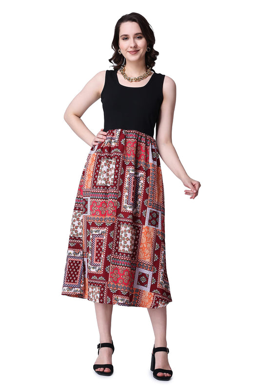 Popwings Casual Boho Printed And Solid Peplum Dress For Women || Summer Dresses For Women || Sleeveless Women Dresses || Round-N