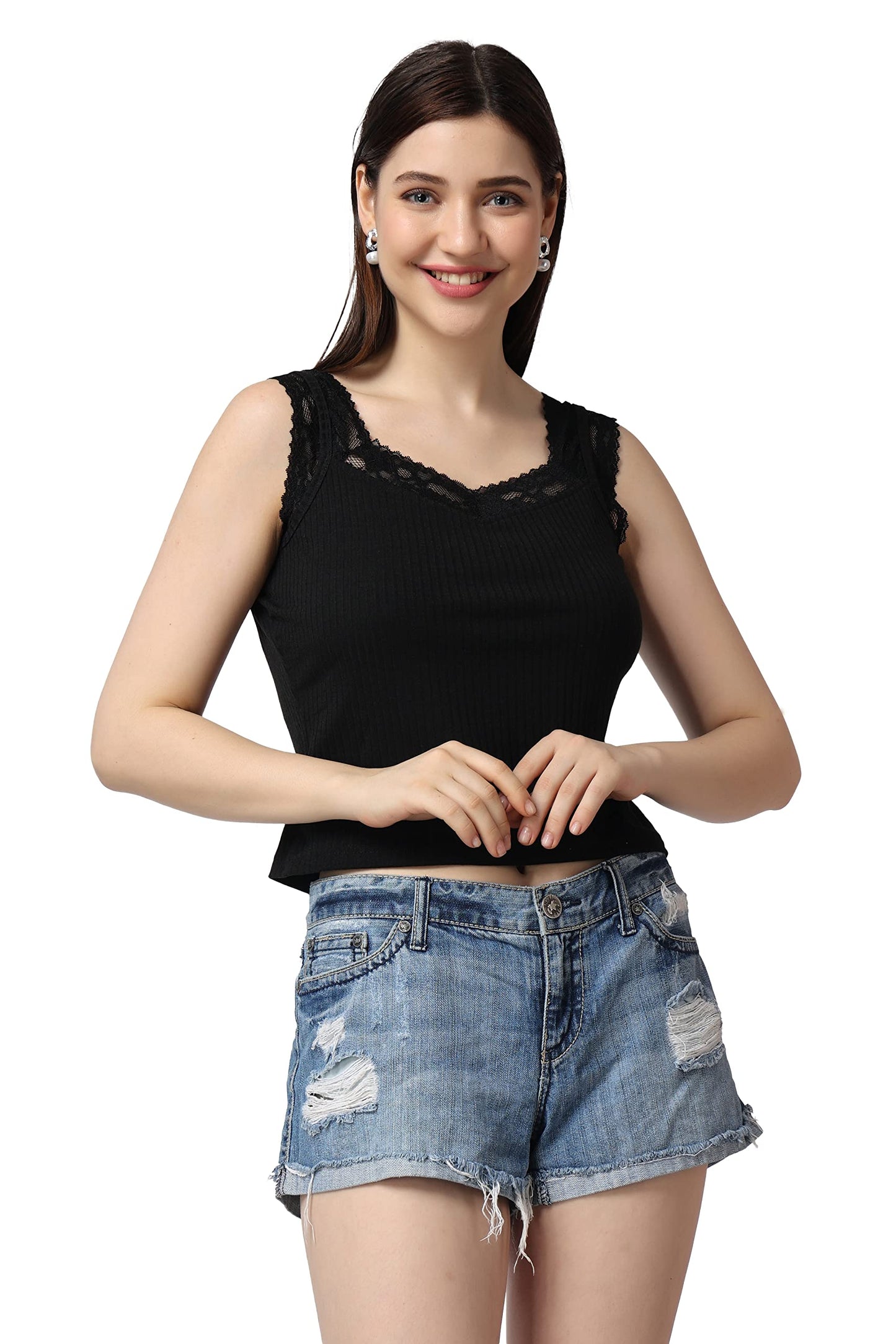 POPWINGS Casual Solid Self Design Ribbed Lace Work Crop Top for Women || Sleeveless Crop Top for Women || Sweetheart Neck Women
