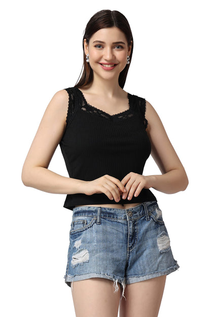 POPWINGS Casual Solid Self Design Ribbed Lace Work Crop Top for Women || Sleeveless Crop Top for Women || Sweetheart Neck Women