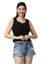 POPWINGS Casual Solid Self Design Ribbed Lace Work Crop Top for Women || Sleeveless Crop Top for Women || Sweetheart Neck Women
