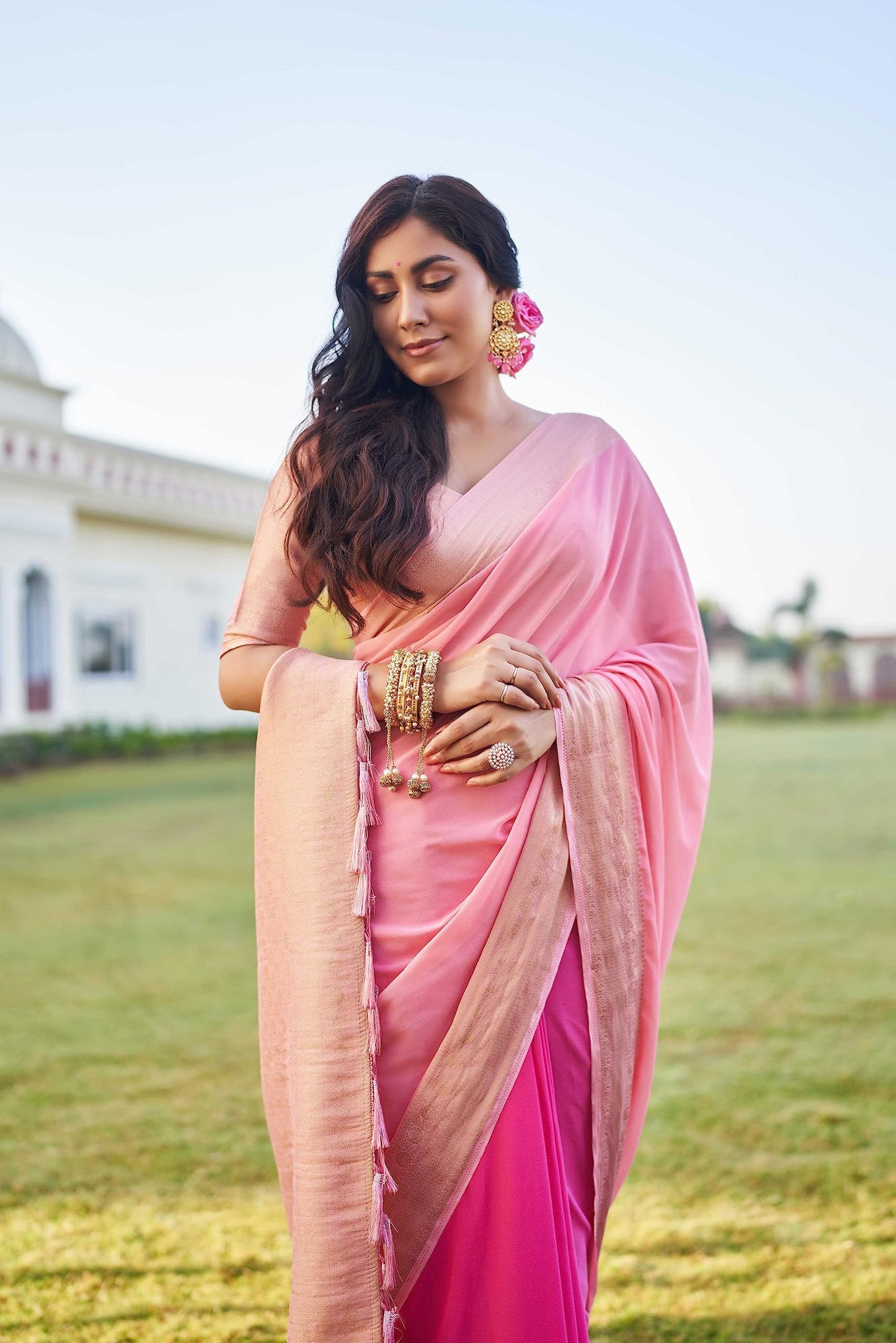 Vardha Womens Banarasi Georgette Half and Half Saree with Unstitched Blouse Piece - Gold Zari Woven Work Sarees for Wedding (ish