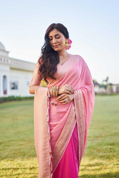 Vardha Womens Banarasi Georgette Half and Half Saree with Unstitched Blouse Piece - Gold Zari Woven Work Sarees for Wedding (ish