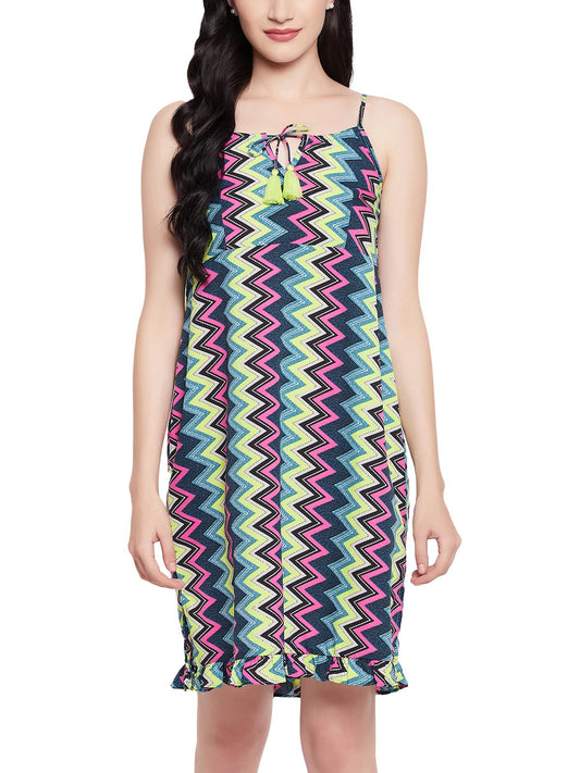 Clovia Womens Crepe Chevron Print Resort Wear Slip Dress with Ruffles (RW0055P19_Multi_L) Multicolour