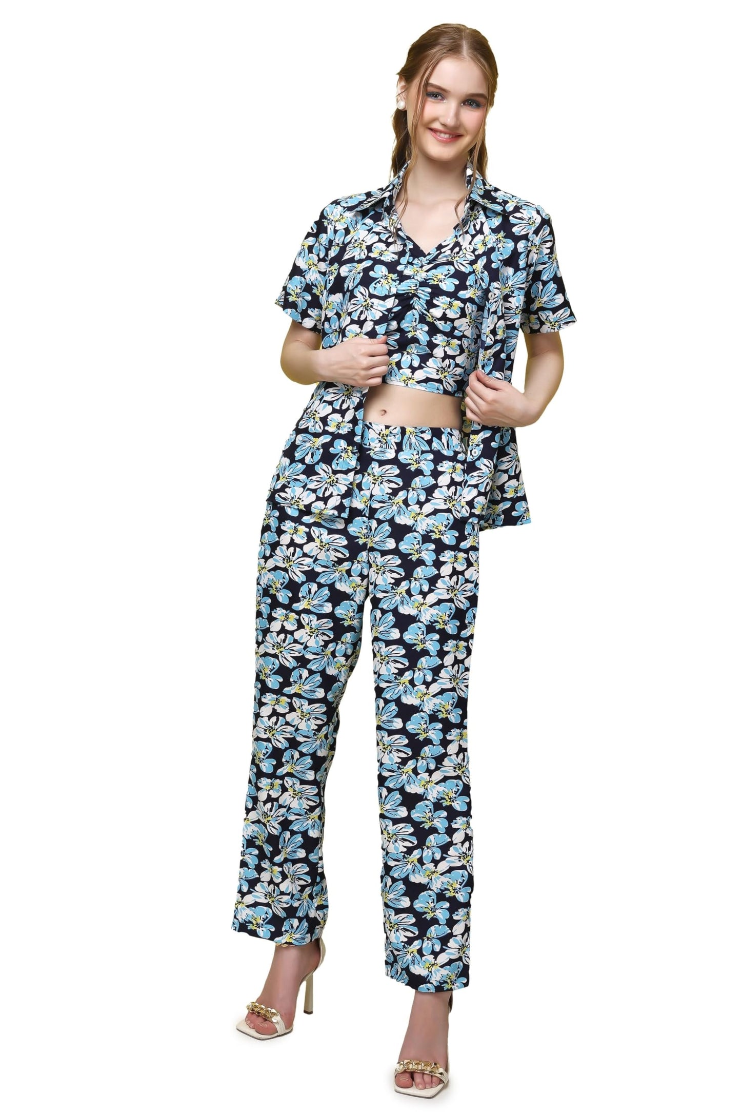 Popwings Casual Floral Printed 3-Piece Co-Ord Set For Women || Co-Ord Set For Women Western Summer Office Wear || Crop Top, Trou