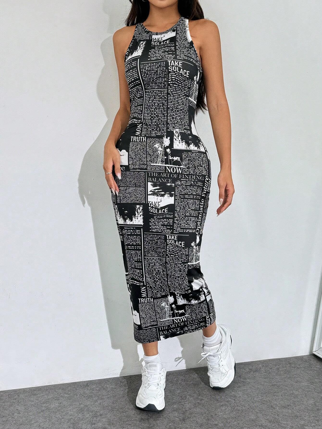 Toochki Dress for Women | One Piece Dresses | Midi Bodycon for Womens | Newspaper Printed Body con Black