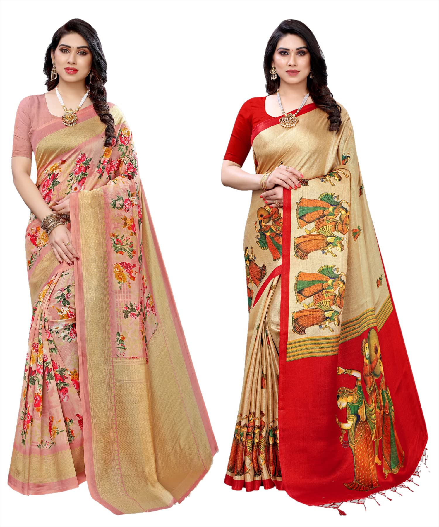 Yashika Womens Combo Art Silk Printed Saree With Blouse Piece Pack Of 2(AIR PEACH-RAJARANI CHICKU)
