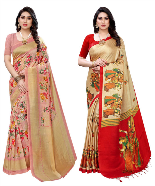 Yashika Womens Combo Art Silk Printed Saree With Blouse Piece Pack Of 2(AIR PEACH-RAJARANI CHICKU)